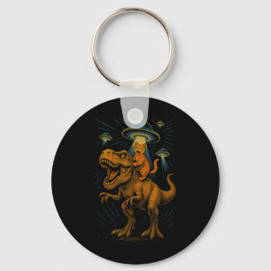 Funny Cat Riding T-rex Dinosaur Graphic  Key Ring