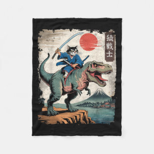 Funny cat riding t rex japanese ukiyo-e art samura fleece blanket
