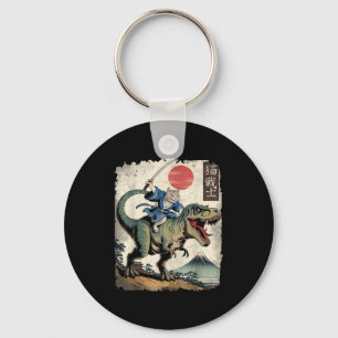 Funny cat riding t rex japanese ukiyo-e art samura key ring