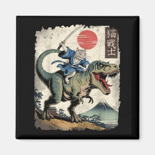 Funny cat riding t rex japanese ukiyo-e art samura magnet