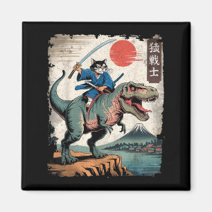 Funny cat riding t rex japanese ukiyo-e art samura magnet