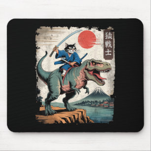 Funny cat riding t rex japanese ukiyo-e art samura mouse pad