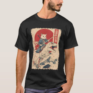 Funny Cat Riding T-Rex Japanese Ukiyo-e Art Samura T-Shirt