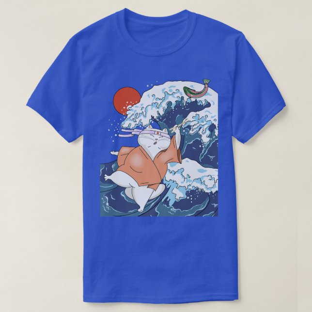 Funny Cat Samurai  Wave Ocean Fish  Japanese Cat   T-Shirt (Design Front)
