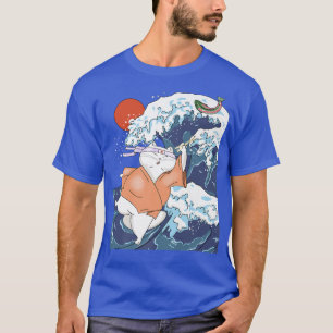 Funny Cat Samurai Wave Ocean Fish Japanese Cat T-Shirt