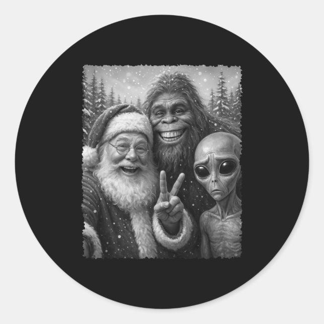 Funny Cat Santa Bigfoot Alien Christmas Selfie Tee Classic Round Sticker (Front)