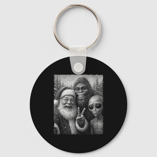 Funny Cat Santa Bigfoot Alien Christmas Selfie Tee Key Ring (Front)