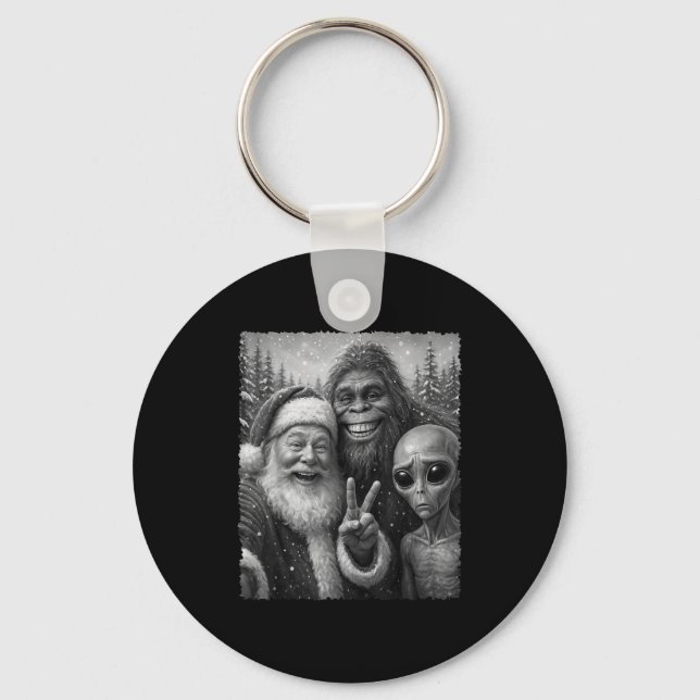 Funny Cat Santa Bigfoot Alien Christmas Selfie Tee Key Ring (Front)