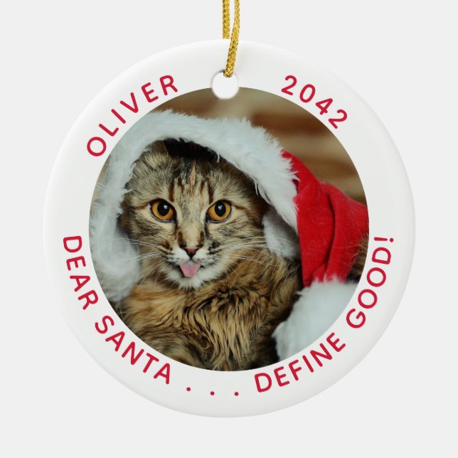 Funny Cat Santa Christmas Ceramic Ornament (Front)