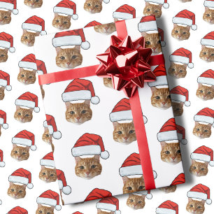 Funny Cat Santa Hat Custom Face Photo Christmas Wrapping Paper