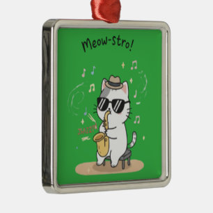 Funny Cat Saxophone Player Jazz Metal Ornament