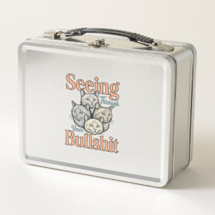 Funny Cat Seeing Through Your Vintage Des Metal Lunch Box