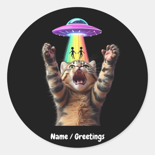 Funny Cat Selfie Alien UFO Hilarious Customisable Classic Round Sticker (Front)