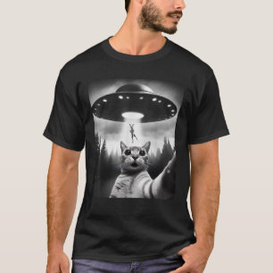 Funny Cat Selfie Flying Alien UFO Abducting Dog Cr T-Shirt
