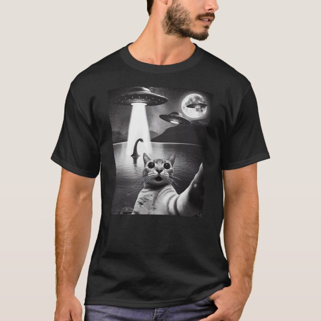 Funny Cat Selfie Flying Alien UFO Abducting Nessie T-Shirt (Front)