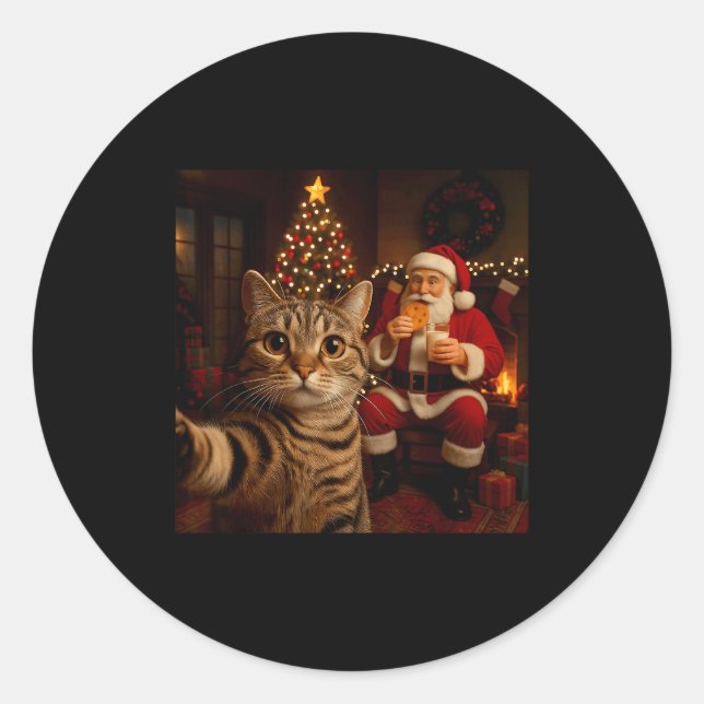 Funny Cat Selfie Santa Claus Eating Cookies Christ Classic Round Sticker (Front)