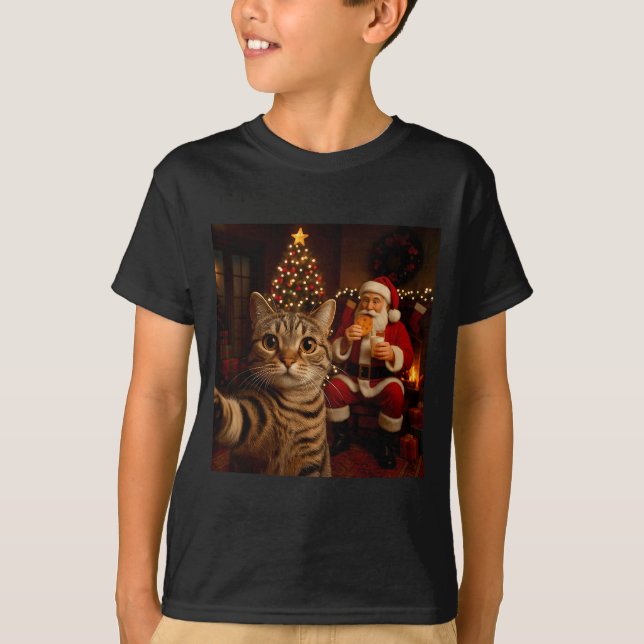 Funny Cat Selfie Santa Claus Eating Cookies Christ T-Shirt (Front)