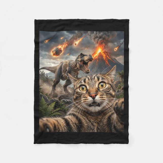 Funny Cat Selfie T-Rex Dinosaur Fleece Blanket (Front)