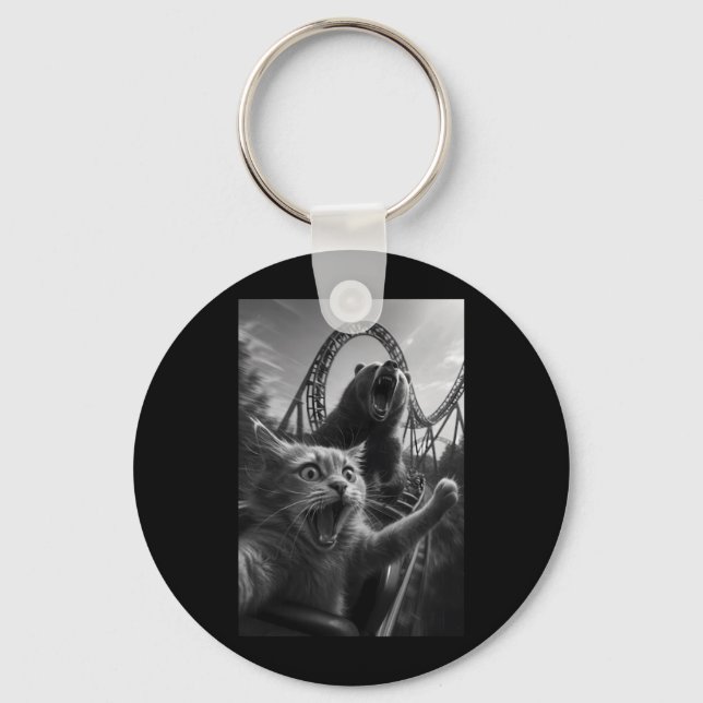 Funny Cat Selfie Top With Bear Roller Coaster Key Ring (Front)