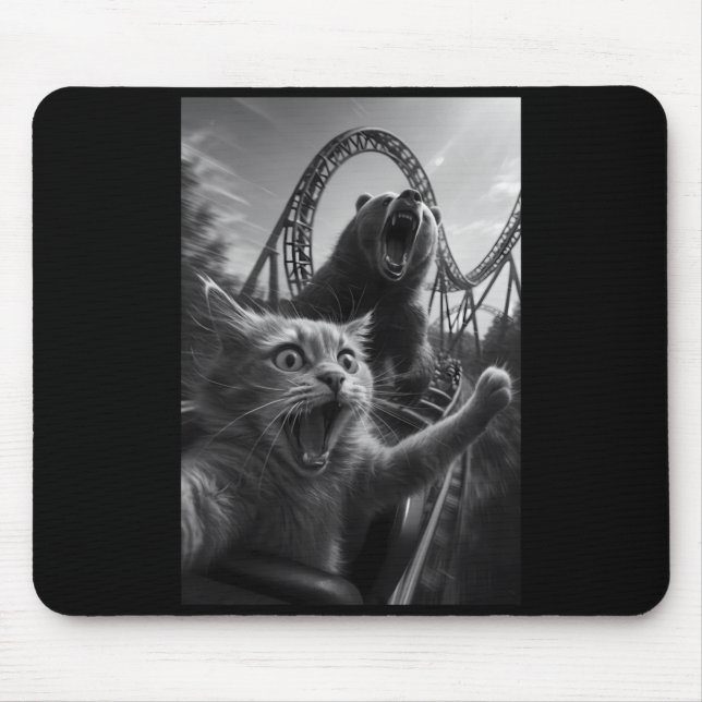 Funny Cat Selfie Top With Bear Roller Coaster Mouse Pad (Front)