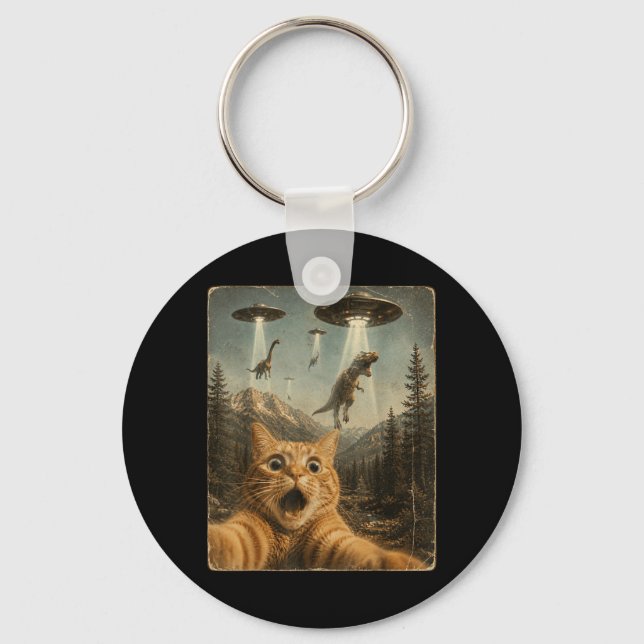 Funny Cat Selfie Ufo Alien Dinosaur T-Rex Key Ring (Front)
