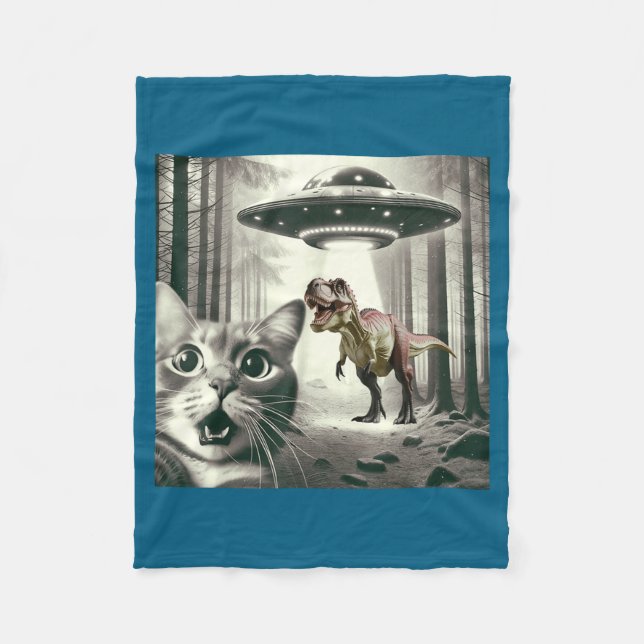 Funny Cat Selfie With Alien Ufo And T-rex Dinosaur Fleece Blanket (Front)