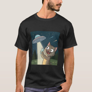 Funny Cat Selfie With Alien UFO Art Graphic Comic T-Shirt