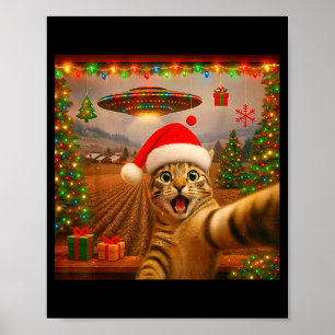 Funny Cat Selfie With Alien Ufo Christmas Lights S Poster