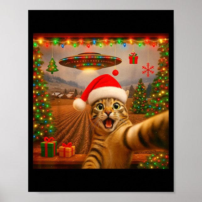 Funny Cat Selfie With Alien Ufo Christmas Lights S Poster (Front)