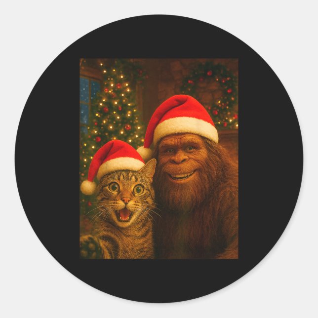 Funny Cat Selfie With Bigfoot Christmas Sasquatch  Classic Round Sticker (Front)