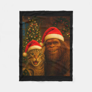 Funny Cat Selfie With Bigfoot Christmas Sasquatch Fleece Blanket