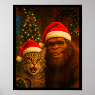 Funny Cat Selfie With Bigfoot Christmas Sasquatch Poster