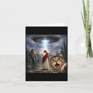 Funny cat selfie with bigfoot ufo and jesus easter card