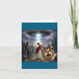 Funny cat selfie with bigfoot ufo and jesus easter card