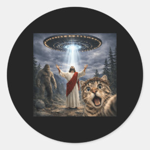 Funny Cat Selfie with Bigfoot UFO and Jesus Easter Classic Round Sticker