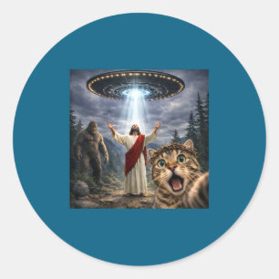 Funny cat selfie with bigfoot ufo and jesus easter classic round sticker