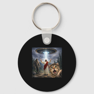 Funny cat selfie with bigfoot ufo and jesus easter key ring