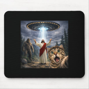 Funny cat selfie with bigfoot ufo and jesus easter mouse pad