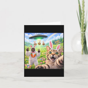 Funny Cat Selfie with Easter Bunny Bigfoot UFO for Card