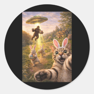 Funny Cat Selfie with Easter Bunny Bigfoot UFO for Classic Round Sticker