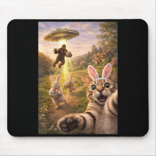 Funny Cat Selfie with Easter Bunny Bigfoot UFO for Mouse Pad