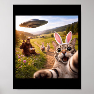 Funny Cat Selfie with Easter Bunny Bigfoot UFO for Poster