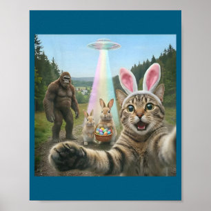 Funny cat selfie with easter bunny bigfoot ufo for poster