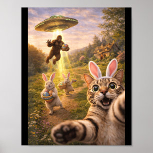 Funny Cat Selfie with Easter Bunny Bigfoot UFO for Poster
