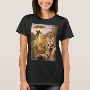 Funny Cat Selfie with Easter Bunny Bigfoot UFO for T-Shirt