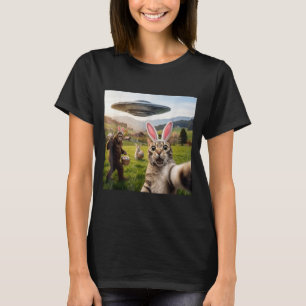 Funny Cat Selfie with Easter Bunny Bigfoot UFO for T-Shirt
