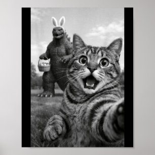 Funny Cat Selfie with Easter Bunny Japanese Kaiju Poster