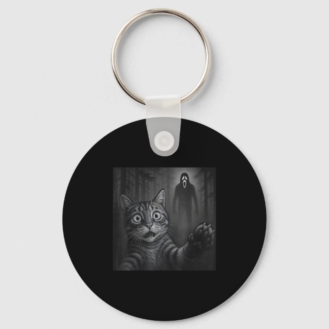 Funny Cat Selfie With Ghost Halloween Scared Creep Key Ring (Front)