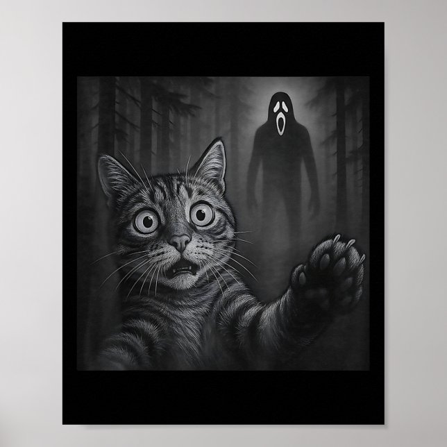 Funny Cat Selfie With Ghost Halloween Scared Creep Poster (Front)