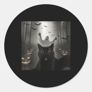 Funny Cat Selfie With Ghost Spooky Halloween Costu Classic Round Sticker